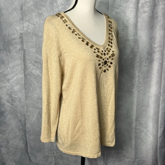 JM Collection Gold 3/4 Sleeve Beaded V-neck Sweater - size Large - Picture 3 of 10